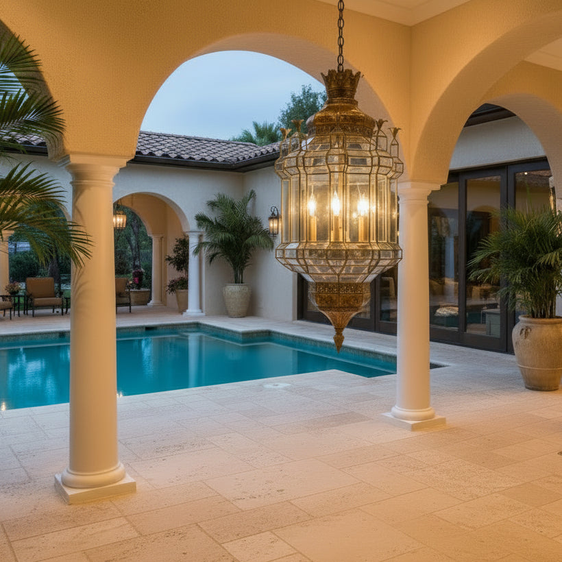 Moorish Style Brass and Glass Pendant Light Fixture, Sku 033902