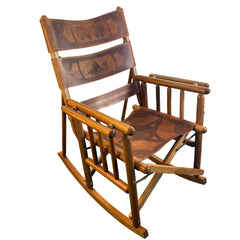 Vintage Costa Rican Teak and Embossed Leather Rocking Chair, Foldable, Sku: 033669