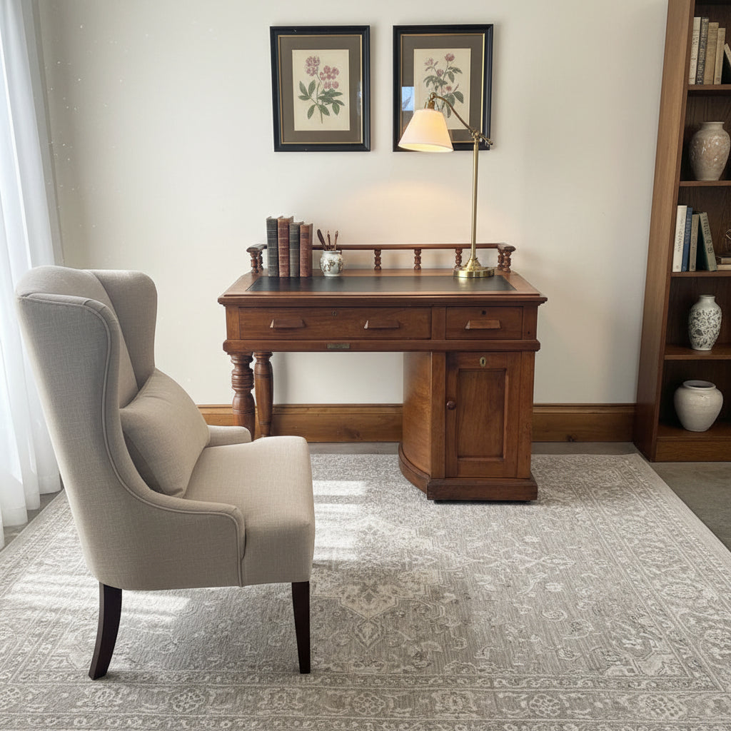 Wooton Rotary Oak Desk, Rotary Cabinet on Right Side, Gallery Rail Front Edge, Sku: 033527