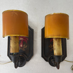 Pair of Sconces, Wood Base w/ Hand Painted Burgundy Flowers & Half Moon Paper Shade