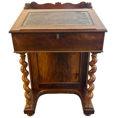 Antique Victorian Davenport Desk Hinged Top Leather Blotter Barley Twist Legs, Sku 034136