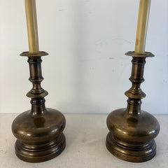 Pair of Brass Table Lamps with Candlestick Styling Brass Base and Finial have Aged to Perfection, Sku 034103