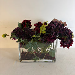 Faux Floral Arrangement Purple & Burgundy Color Story Featuring Dahlia and Hydrangea w/ Clear Glass Rectangular Vessel, Sku 033977