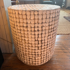 Drum Style End Table with White and Beige Geometric Carved Pattern Construction, Sku 033834