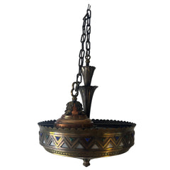 Art Deco Chandelier Antique Brass, Milk Glass with Cobalt and Emerald Enamel Triangles, Sku 033315