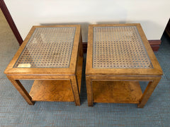 Pair of Fine Arts Furniture Co. Burled Wood Cane Side Tables, Glass Top, Lower Shelf, Sku 034070