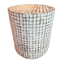 Drum Style End Table with White and Beige Geometric Carved Pattern Construction, Sku 033834