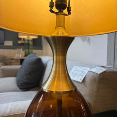 Pair Amber Glass Lamps with Brass Detail, Custom Shades, Sku: 033702