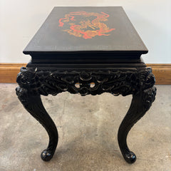 Side Table, Vintage Japanese Carved Wood, Lacquer Finish, Hand Painted Dragon Motif, Sku: 033520