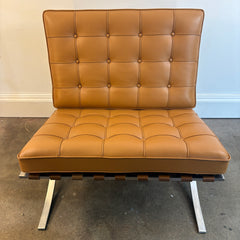 Barcelona Chair Designed by Mies van der Rohe in 1929 Polished Chrome Crisscross Base and New Hand Stitched Welted Carmel Brown Leather Squares, Sku 034141