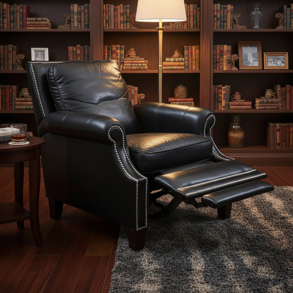 Motioncraft Henley Push Back Recliner Handsome Black Leather with Silver Nail Head Detail, Sku 033805