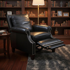 Motioncraft Henley Push Back Recliner Handsome Black Leather with Silver Nail Head Detail, Sku 033805