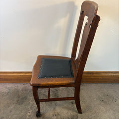 Antique Oak Side Chair, Black Leather Seat Cushion, Claw Feet, Urn Style Back Rest, Sku: 033528