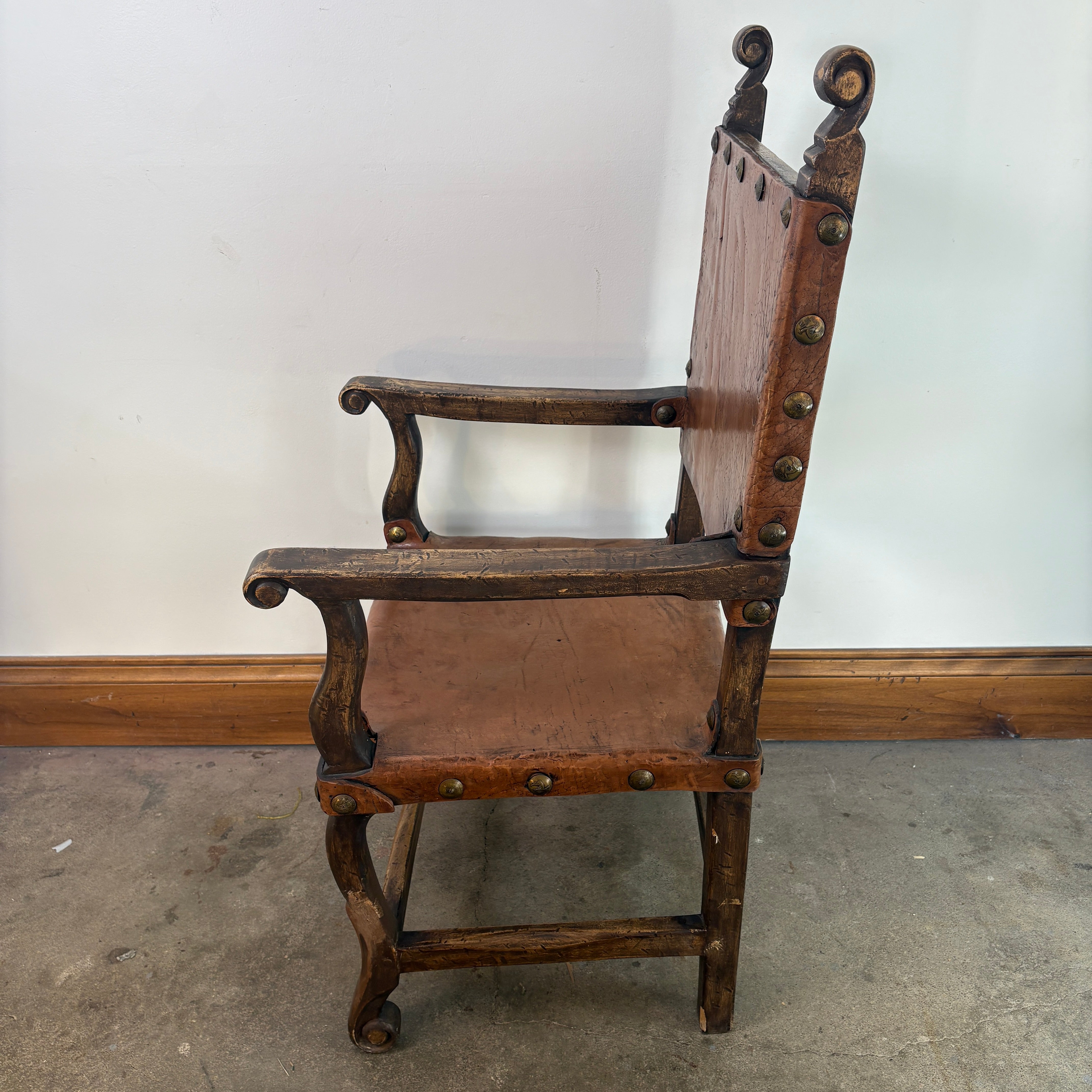 Set of Oak & Aged Leather Arm Chairs with Nail Head Detail & Side Chairs, Sku 033087
