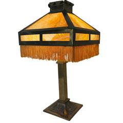 Art Deco Stained Glass and Brass Table Lamp, Square Shade, Gold Tassel Fringe, Sku 033456