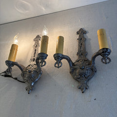 Pair of Wall Sconces by Steven Handelman Studios Double Arm Silver Tone Traditional Style, Sku 034104