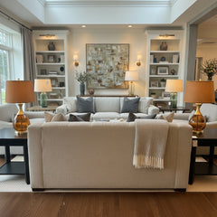 Pair Amber Glass Lamps with Brass Detail, Custom Shades, Sku: 033702