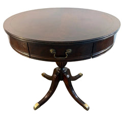 Mersman Quad Leg Pedestal Table with 1 Drawer, Book Matched Veneer & Feet Featuring Brass Caps, Sku 033802