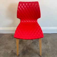 Set of 4 Metalmobil Dining Chairs Molded Red Shell, Diamond Pattern on Maple Leg Structure, Sku 033835