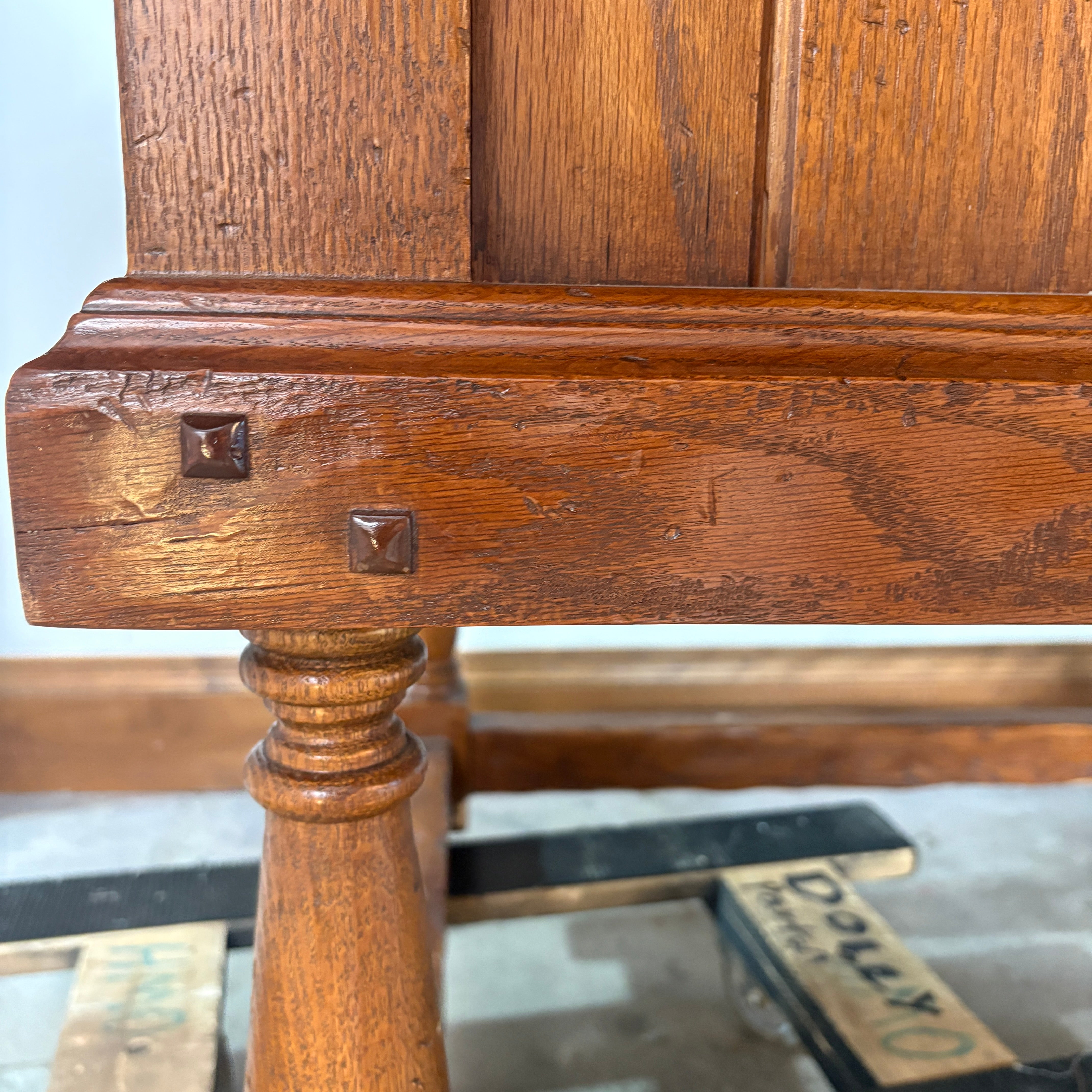 Oval Oak Dining Table, Black Iron Detail, 2 Drawers on Both Ends, SKU: 033095