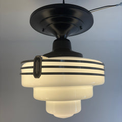Rejuvenation Hardware Semi Flush Mount Art Deco Light Fixture w/ Tiered Milk Glass Globe, Sku 033993