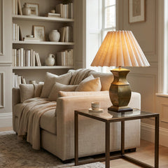 Brass Table Lamp Traditional Style, Fluted Linen Shade, Sku 034076