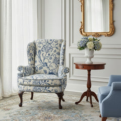 Custom Upholstered Wing Back Chair, Indigo & Cream Turkish Flower Pattern, Sku: 033545