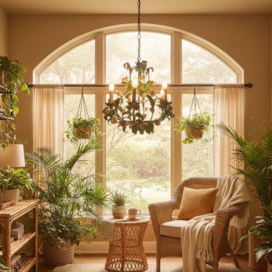 Italian Metal Toleware 5 Arm Chandelier Painted a Lush Green with Pastel Flowers, Sku 033325