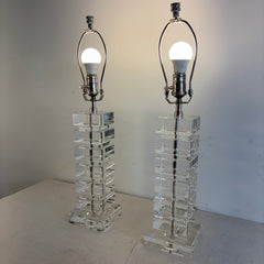 Pair of RH Table Lamps Stacked Crystal Squares with Nickel Hardware, Sku 034118