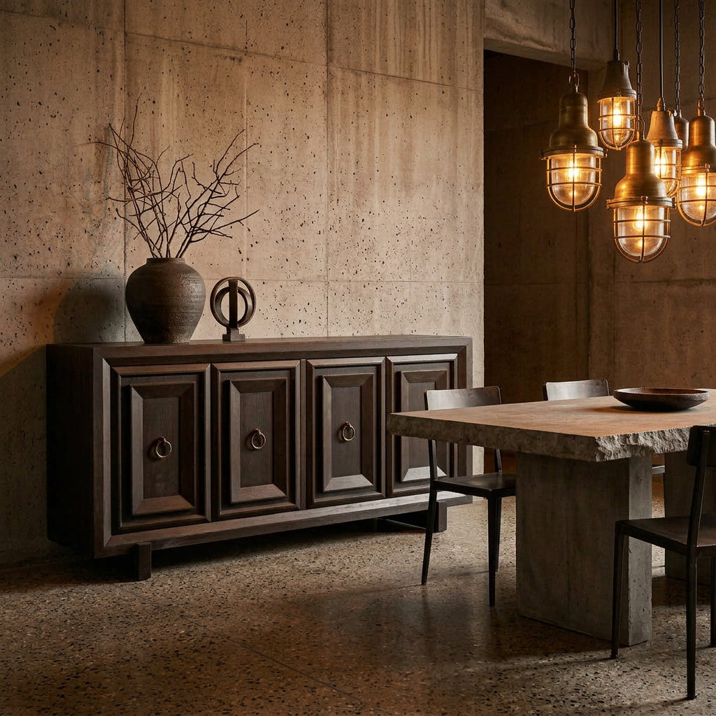 Thom Filicia Solid Walnut Espresso Finish Sideboard Four Doors Open to Silverware Drawers and Shelving, Sku 034128