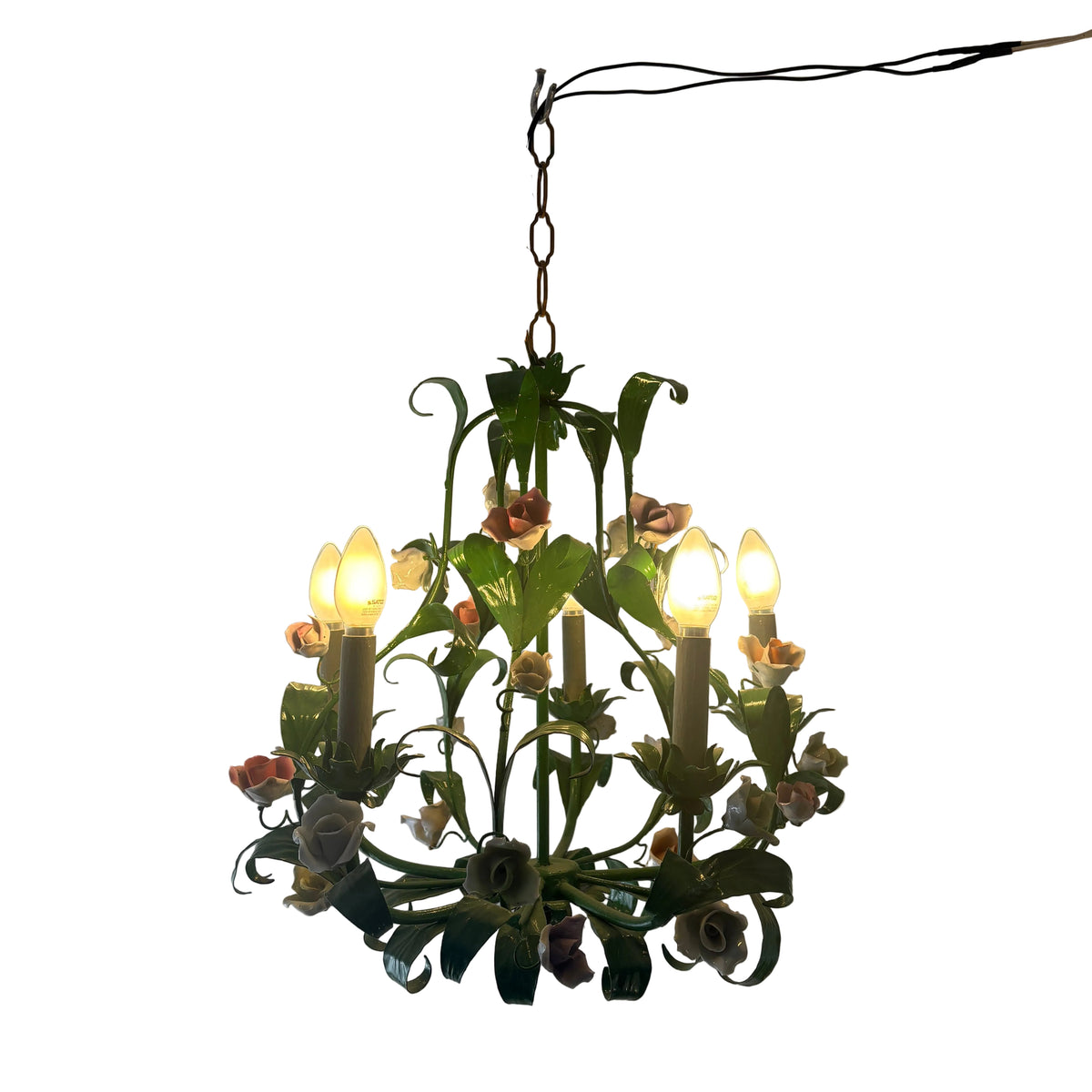 Italian Metal Toleware 5 Arm Chandelier Painted a Lush Green with Pastel Flowers, Sku 033325