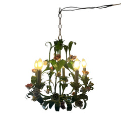 Italian Metal Toleware 5 Arm Chandelier Painted a Lush Green with Pastel Flowers, Sku 033325