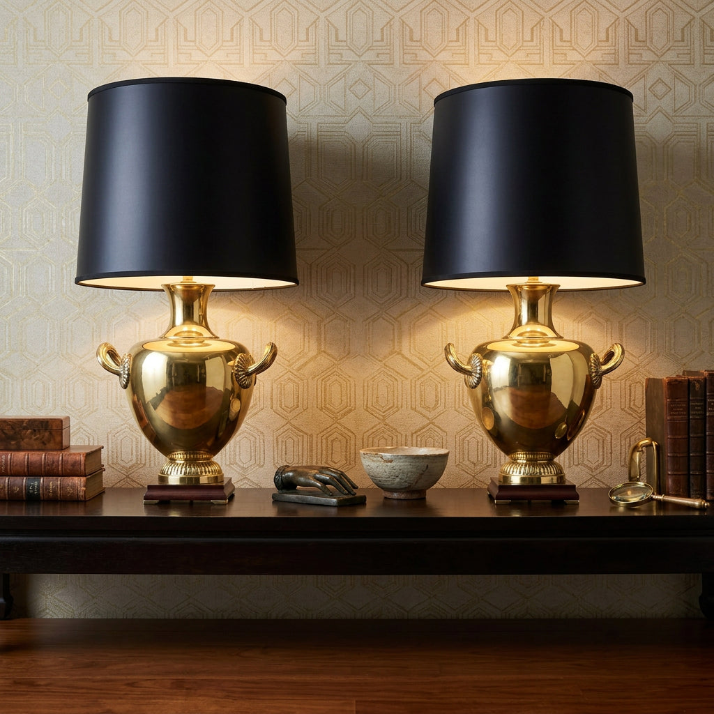 Marbro Pair of Brass Urn Style Table Lamps, Hard Back Paper Barrel Shades, Gold Interior, Sku 034073