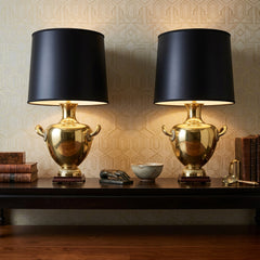 Marbro Pair of Brass Urn Style Table Lamps, Hard Back Paper Barrel Shades, Gold Interior, Sku 034073
