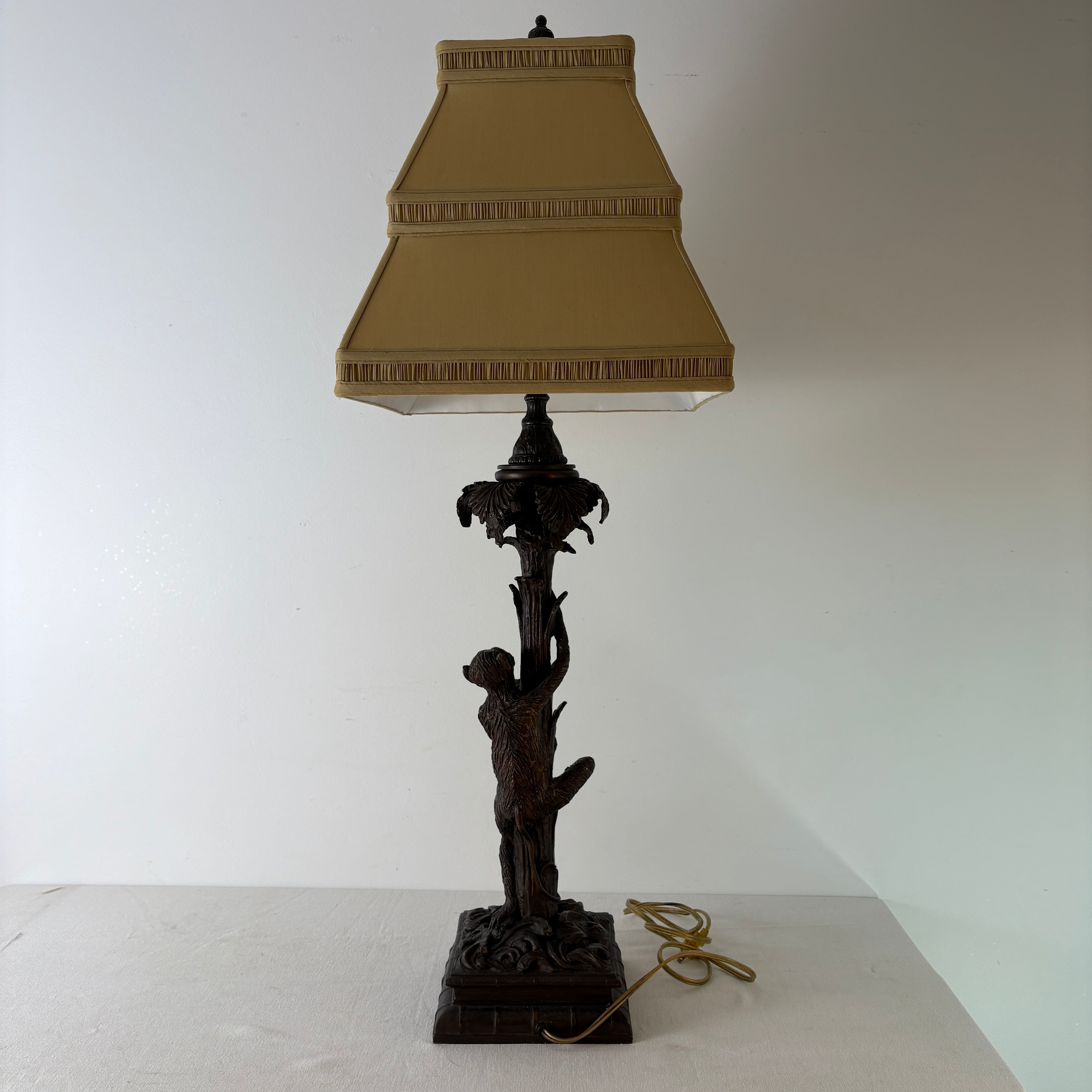 Pair of Bronze Table Lamps w/ Palm Tree & Monkeys, Beige Silk & Pleated Shade, Sku 033089