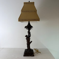 Pair of Bronze Table Lamps w/ Palm Tree & Monkeys, Beige Silk & Pleated Shade, Sku 033089