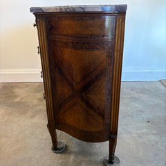 Antique Bowed Front Chest of Drawers w/ Marble Top & Intricate Marquetry Detail, Sku 034055