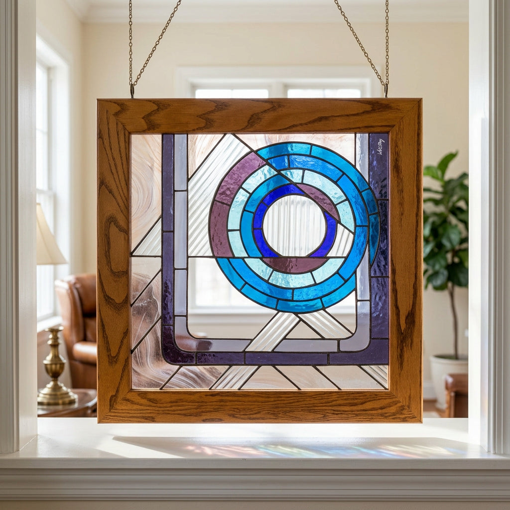 Stained Glass Art Work by John May "Asymmetry" Circles of Blue Framed in Oak, Sku 034162