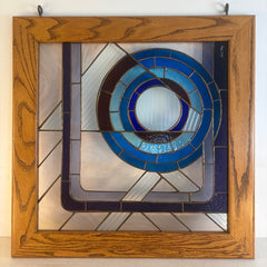 Stained Glass Art Work by John May "Asymmetry" Circles of Blue Framed in Oak, Sku 034162
