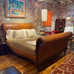 Leather Sleigh Bed, California King, Carmel Tone, Wood Legs, Nail Head Detail, Sku: 033573