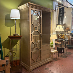 Wood and Smoked MIrror Armoire Rustic Taupe Finish with Octagonal Motif Interior Contains 3 Drawers and Open Shelving, Sku 034089