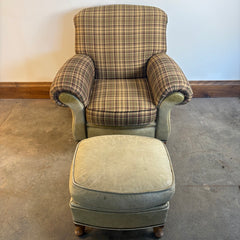 Great Western Brand Armchair Ottoman Set, Pale Green Leather, Plaid Upholstery, Sku: 033674