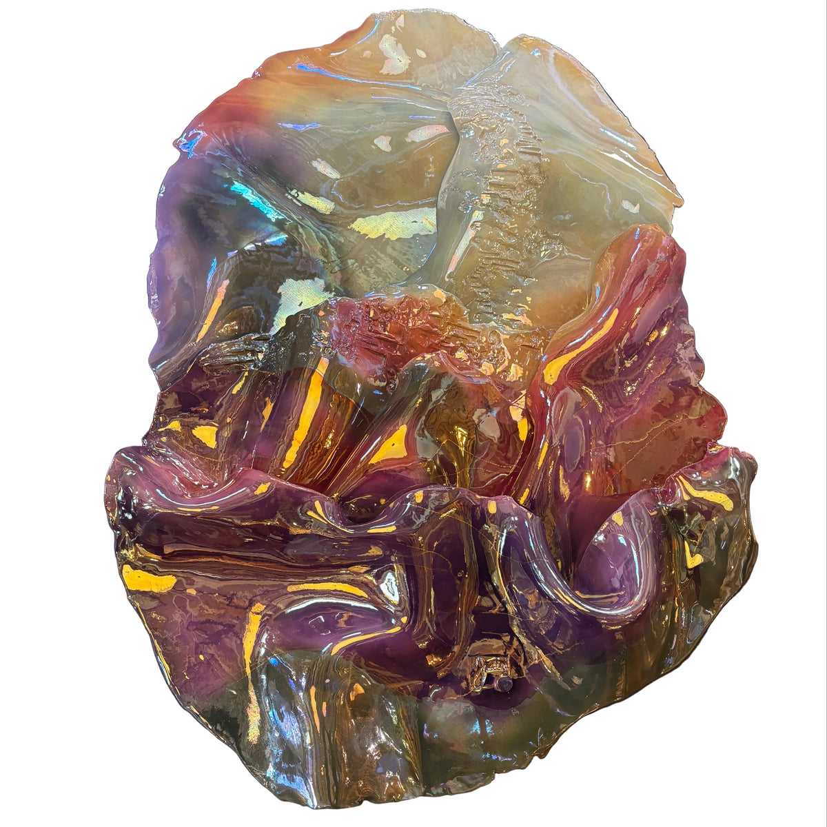Porcelain Wall Sculpture by Artist Jutta Golas Featuring Iridescent Plum, Gold, Cream Colors, Sku 033583
