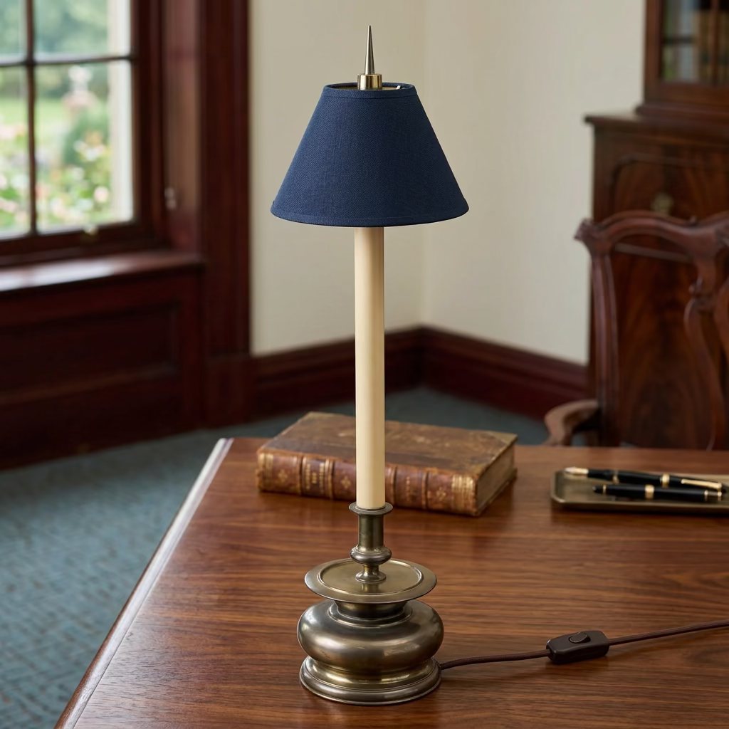 Chapman Table Lamp, 1981, Brass Base Ivory Candlestick, Black Shade, Gold Marbled Interior, Sku 034075