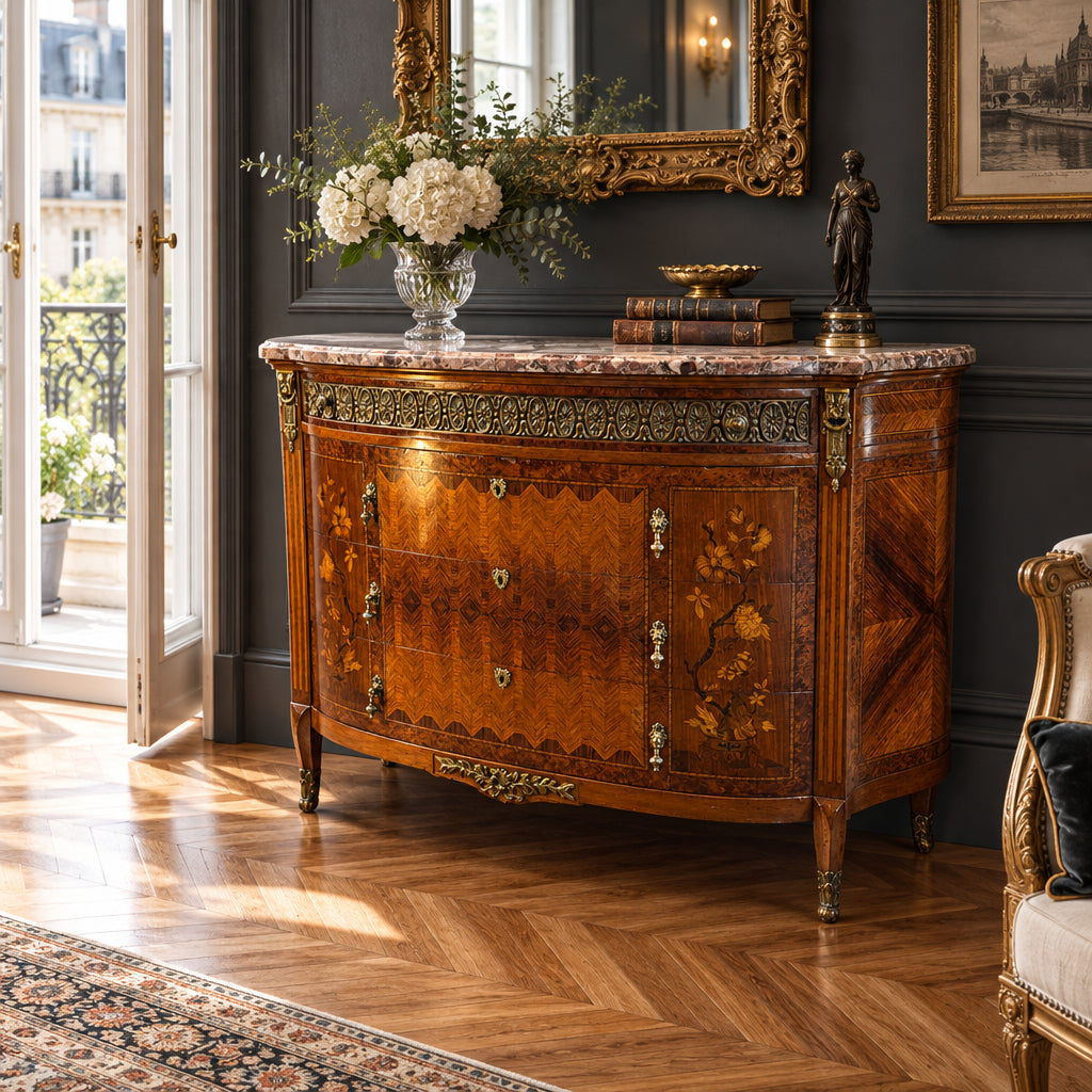 Antique Bowed Front Chest of Drawers w/ Marble Top & Intricate Marquetry Detail, Sku 034055