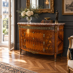Antique Bowed Front Chest of Drawers w/ Marble Top & Intricate Marquetry Detail, Sku 034055