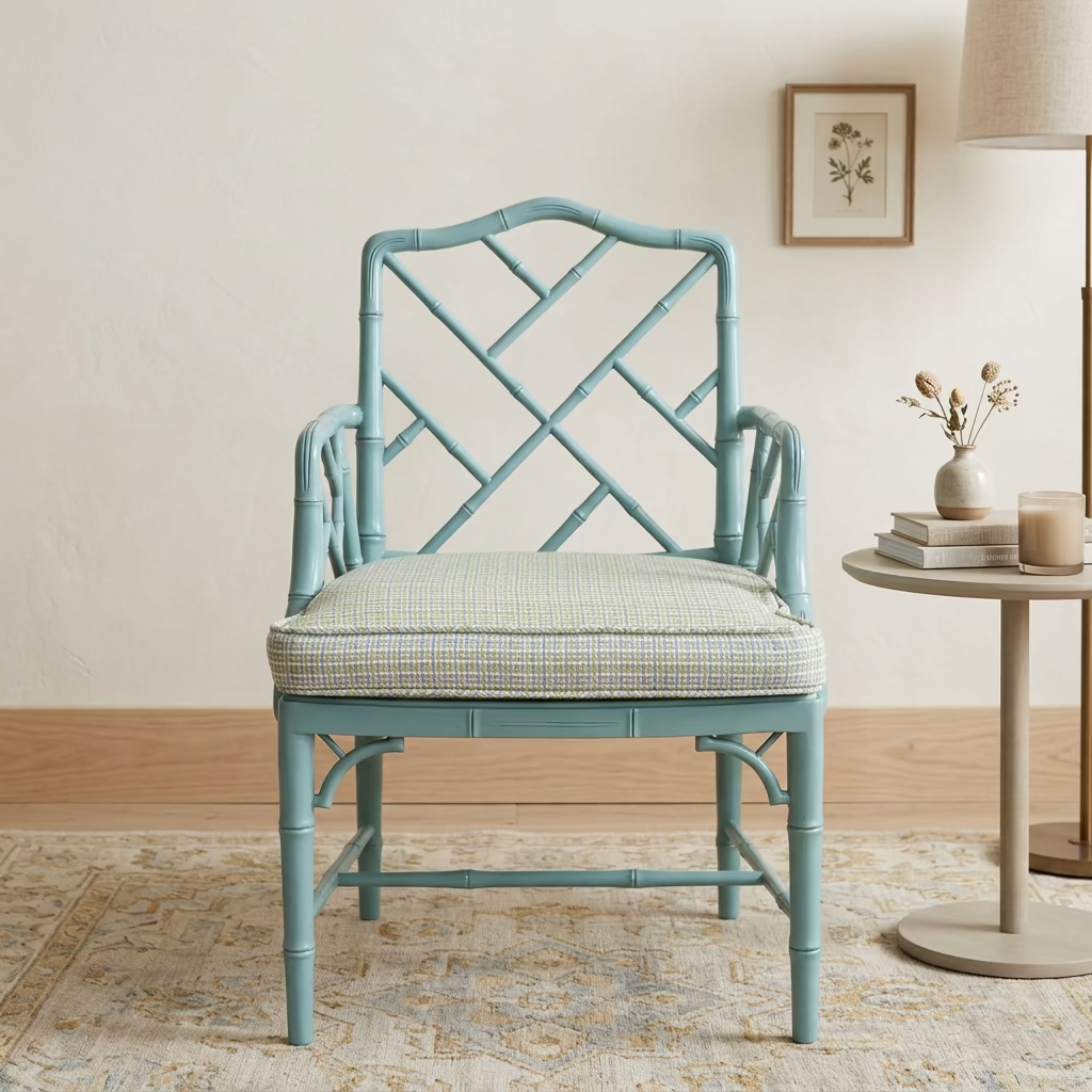 Faux Bamboo Arm Chair, Cane Seat, Aqua Green, Chippendale Style, Sku 034069