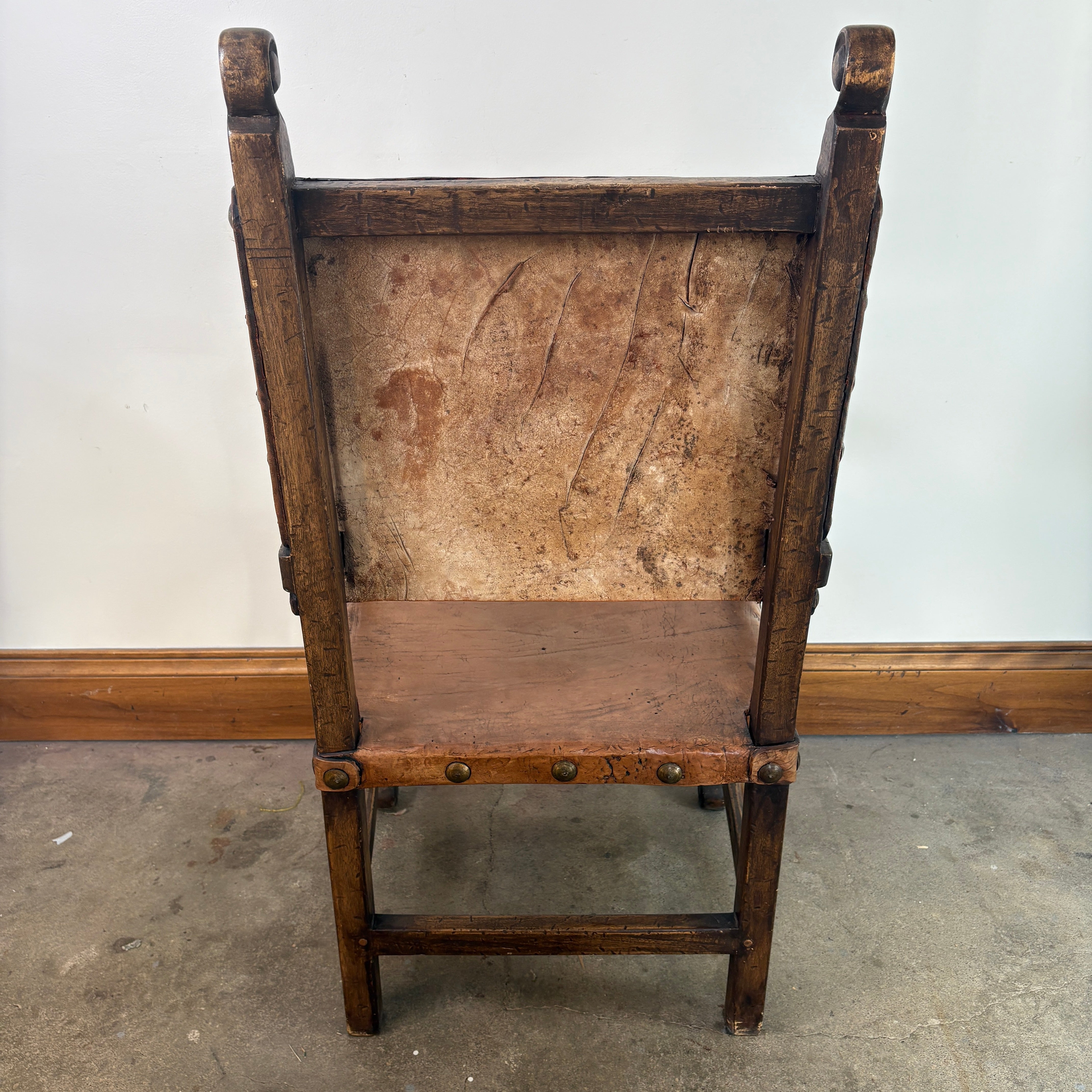 Set of Oak & Aged Leather Arm Chairs with Nail Head Detail & Side Chairs, Sku 033087