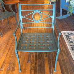 Pair of Neoclassical Style Cast Aluminum Patio Arm Chairs in Sea Green, With Weave Style Seats, Sku: 033758