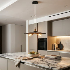 "BZ" Metal Pan Head Pendant Fixture with Three Sockets Finish is Gunmetal and Antique Brass, Sku 034117